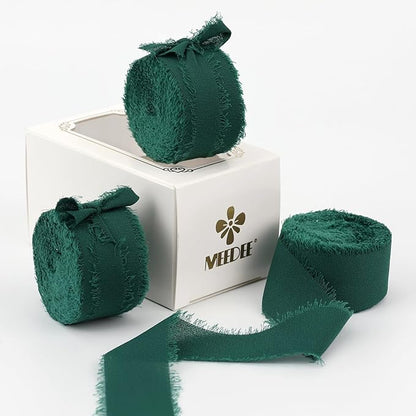 MEEDEE Dark Green Chiffon Ribbon 1 Inch Green Frayed Ribbons Green Chiffon Silk Hunter Green Ribbon Thin Chiffon Ribbons for Crafts, Gift Wrapping, Wedding Invitation (3 Rolls 21 Yards)