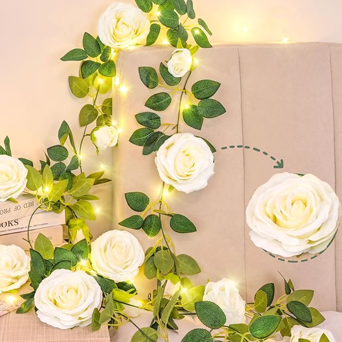 4 Pcs Flower Garland with 39.2 Ft Lights, 26.4 Ft White Floral Garland Fake Flowers for Wedding Arch Party Wall Garden Room Decor
