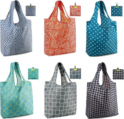 BeeGreen Reusable Grocery Bags Geometry Design - Pack of 6 Foldable Totes for Women with Pouch,X-Large 50lbs Capacity Machine Washable Polyester Sturdy Shopping Bags for Women Travel Shopping