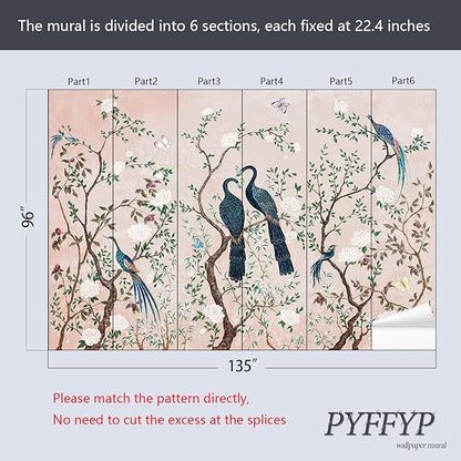 PYFFYP- Chinoiserie Pink Flowers and Bird Wallpaper Vintage Peacock murals for Living Room(Not Peel and Stick)