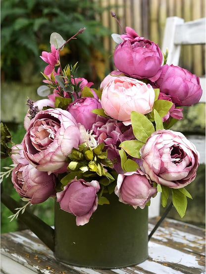 FiveSeasonStuff Soft Peach Pink and Magenta Red Vintage Artificial Peonies Silk Flowers and Hydrangeas for Wedding Bridal Home Decor – Beautiful Floral Centerpiece Bouquet (Celestial Beauty)