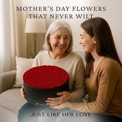100 Preserved Roses, Forever Flowers for Delivery in Designer Round-Shaped Box, Petite Long-Lasting Buds for Women, Eternal Rose Bouquet for Mothers Day, Girlfriend's Birthday