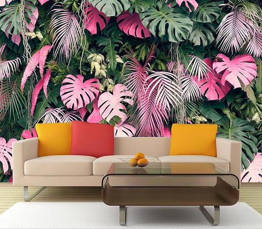 Cliouar-Leaves Green and Pink, Tropical Plants,Wall Mural Wallpaper Peel and Stick 137" x 102"