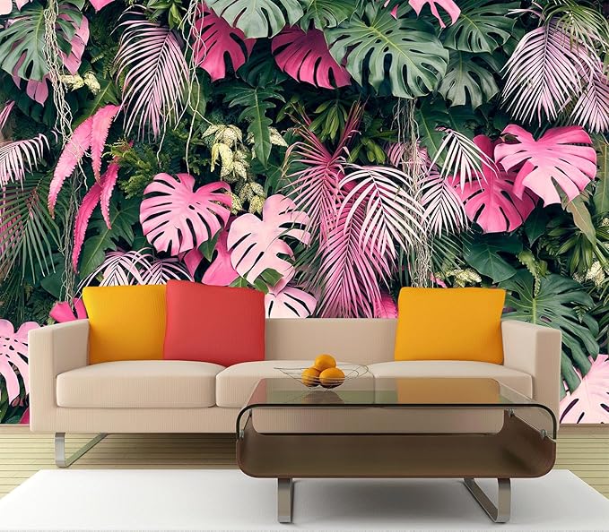 Cliouar-Leaves Green and Pink, Tropical Plants,Wall Mural Wallpaper Peel and Stick 160" x 114"