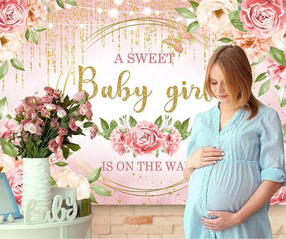 Sensfun Pink Floral Baby Girl Decorations - Glitter Gold Blush Flowers Photography Background - Baby Shower Party Supplies - 5x3ft