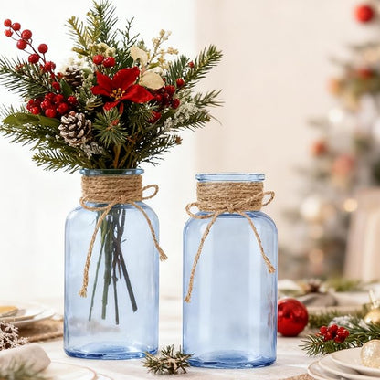 Vintage Glass Flower Vase，12 Pack Blue Farmhouse Glass Centerpiece Vases Mason Jars for Weddings, Parties & Home Decor Bulk (12, Blue)