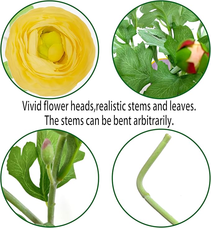 ATFL Yellow Ranunculus Artificial Flowers,6 Pcs Artificial Faux Silk Ranunculus Flowers with Real Touch Stems,Fake Peony Flowers for Floral Arrangements DIY Wedding Bouquet Party Table Home Decor