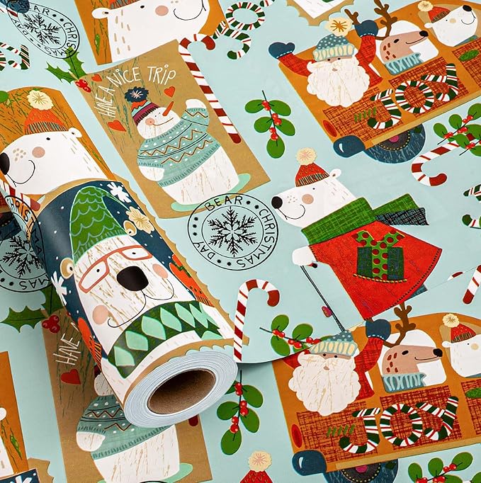 MAYPLUSS Christmas Metallic Foil Shine Gift Wrapping Paper - 17 Inch X 33 Feet - Cute Polar Bear on Scooter, Snowman, Candy Cane and Deer Pattern Gift Wrap Present Paper Roll for Winter, Holiday