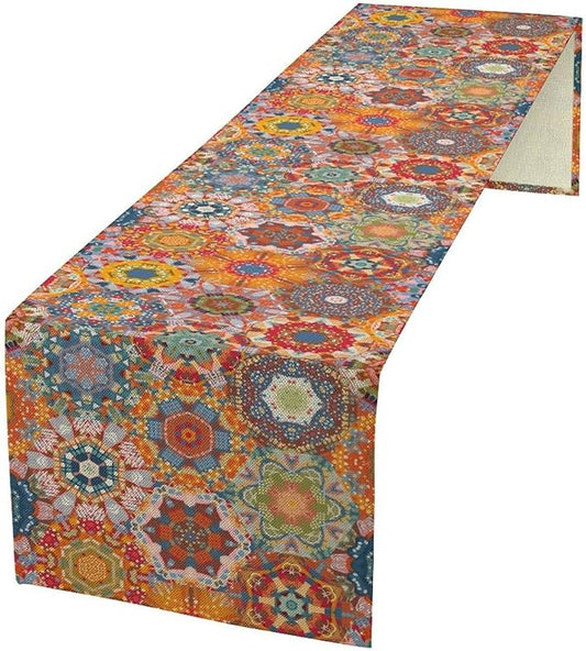 Boho Table Runner, Orange Geometric Mandala Flower Fall Farmhouse Decor Table Runner for Kitchen Dining Party Home Decoration, 13x90 Inch