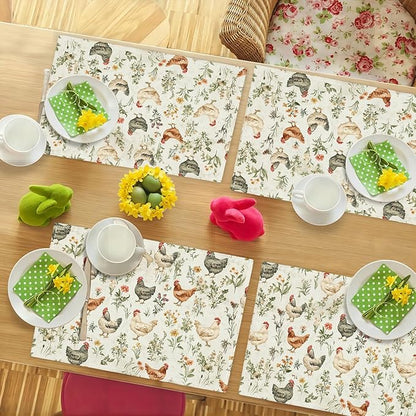 Farmhouse Rooster Placemats Set of 6, Rustic Chicken Place Mats, Country Flowers Dining Table Mats, Washable Placemats for Kitchen Dining Room Home Decor 18L'' × 12W''