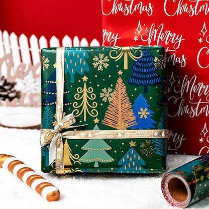 MAYPLUSS Christmas Wrapping Paper Roll - 17 Inch X 33 Feet - Green Gift Wrapping Paper Christmas Tree Snowflake Reversible Red for Holiday Party New Year Kids