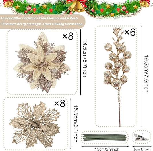 22 Pcs Champagne Christmas Poinsettia Artificial Flowers and Glitter Berries Stems Kit, Christmas Poinsettias Decorations and Christmas Tree Ornaments for Xmas Home Wedding Holiday Tree Decor