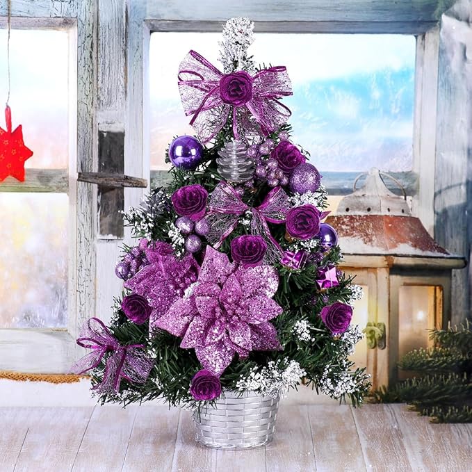 Glitter Roses Bouquet,30PCS Fake Purple Roses Glitter Flowers for Crafts Wedding Bouquet Party Christmas Home Decor(Dark Purple)