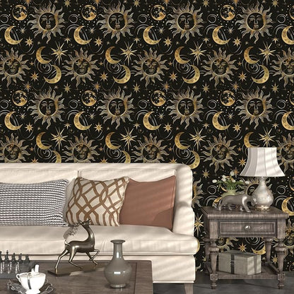 Black Peel and Stick Removable Vintage Wallpaper Gold Celestial Sun Moon Star Contact Paper 17.5" x 118" Dark Boho Mural Waterproof for Wall Bedroom Kitchen Bathroom Cabinet Room Decor