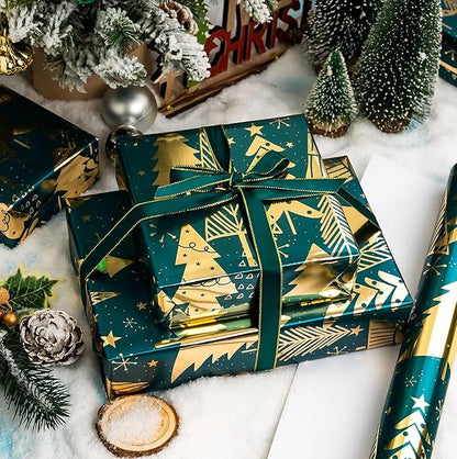 MAYPLUSS Wrap Paper Roll - 17 Inch X 33 Feet - Luxurious Metallic Foil Green Elegant Christmas Tree Winter Gift Wrapping Paper, Festive Decoration