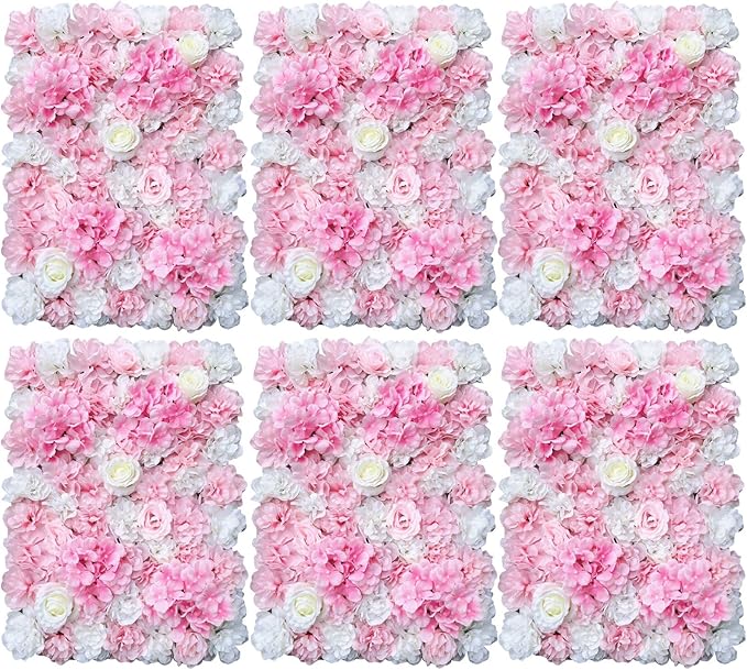 16"x 24" Artificial Flower Wall Panels,Flower Wall Mat Silk Flower Panels for Outdoor Garden Backyard Fence Fence Privacy Screen and Indoor Wall Decor (6Pcs Pink+White,Style 2)