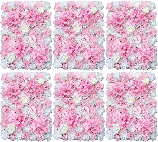 16"x 24" Artificial Flower Wall Panels,Flower Wall Mat Silk Flower Panels for Outdoor Garden Backyard Fence Fence Privacy Screen and Indoor Wall Decor (6Pcs Pink+White,Style 2)