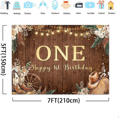 SVBright Western Cowgirl First Birthday Backdrop 7Wx5H One Year Old Retro Pampas Grass Country Flower West Rustic Wooden Boots Hat Decorations Photography Background Banner Photo Booth Studio