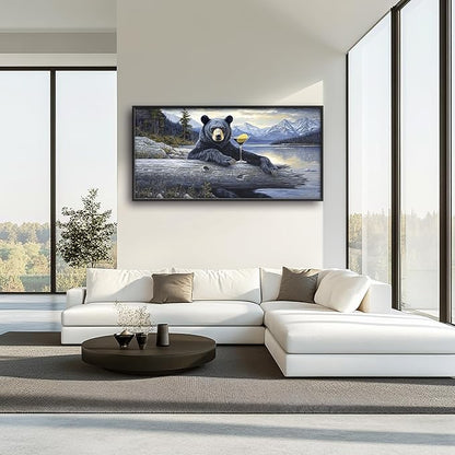 Forest Bear Large Decor Framed Wall Art Mountain Lake Cabin Pictures for Living Room, Black Bear Oversized Canvas Print Painting Modern Extra Large Framed Artwork for Bedroom Office 60"x30"