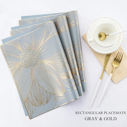 Gold Placemats Set of 6 Rectangle Pressed Vinyl Table Mats Heat Resistant Non-Slip Washable Wipeable Place Mats for Dining Table Indoor Outdoor Flower Dinner Placemats