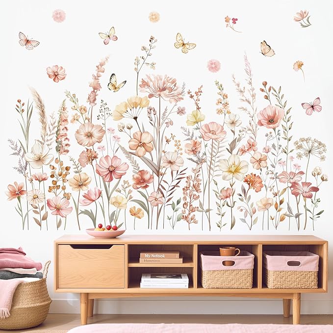 decalmile Watercolor Boho Flowers Wall Decals Wildflower Floral Grass Plants Butterfly Wall Stickers Bedroom Living Room Sofa TV Background Home Decor