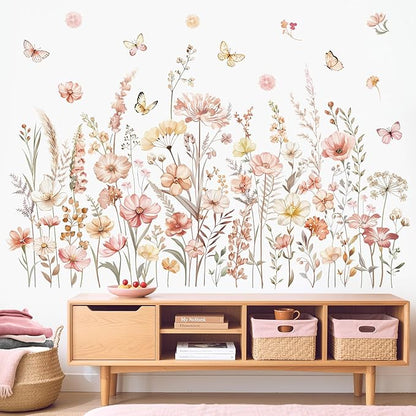 decalmile Watercolor Boho Flowers Wall Decals Wildflower Floral Grass Plants Butterfly Wall Stickers Bedroom Living Room Sofa TV Background Home Decor