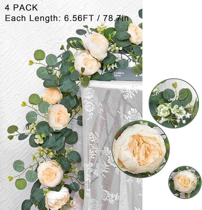 SOMYTING Artificial Flower Garlands Eucalyptus Garlands with Flowers Rose Peony Flower Vine Faux Floral Garland for Wedding Party Arch Table Wall Backdrop Decoration (Champagne, 4PCS)