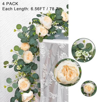 SOMYTING Artificial Flower Garlands Eucalyptus Garlands with Flowers Rose Peony Flower Vine Faux Floral Garland for Wedding Party Arch Table Wall Backdrop Decoration (Champagne, 4PCS)