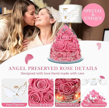 Preserved Flower Rose Gifts for Women, Forever Eternal Fresh Flowers in Glass Angel Figurines Flowers for Delivery Prime Pink Roses for Grandma Mom Sister Her Wife on Mothers Day Birthday Christmas