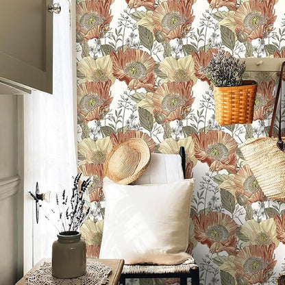 Livebor Floral Wallpaper Peel and Stick Boho Large Floral Peel and Stick Wallpaper Vintage Multicolor Flower Contact Paper 17.7'' x 196.8'' Self Adhesive Wall Paper for Bathroom Wall Covering Decor