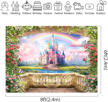 Riyidecor Pink Castle Backdrop Polyester Fabric Princess Flower Blossom Spring Floral Butterfly 8Wx6H Feet Fairy Fantasy Balcony Rainbow Photography Background Birthday Wedding Photo Studio Shoot