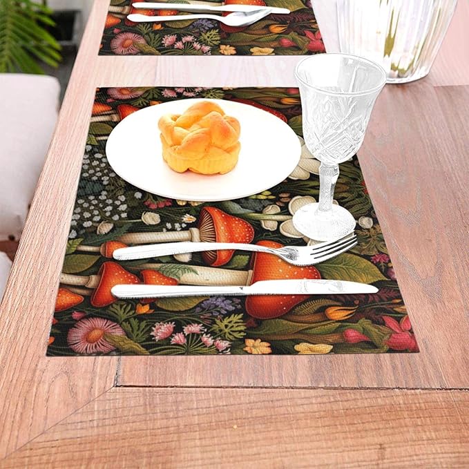 Placemats Set of 4 PVC Woven Place Mats Heat Resistant Easy to Clean for Indoor Outdoor Party Kitchen Dining Table Decoration 12"x18",Mushroom Pattern