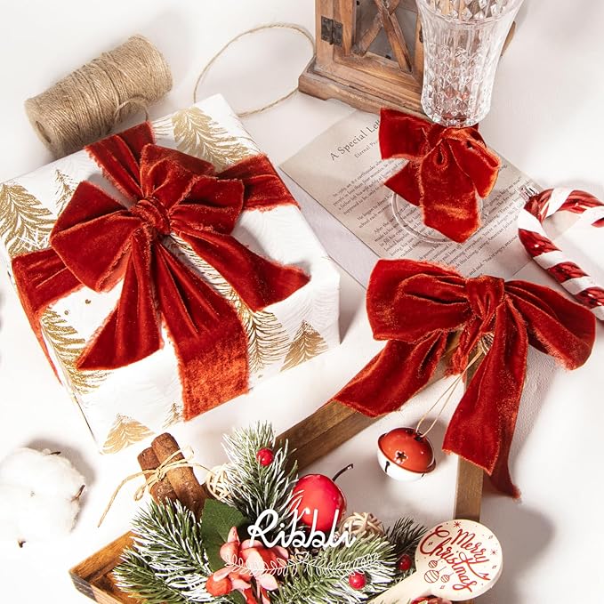 Ribbli Rust Red Velvet Ribbon 1.5 Inch Handmade Frayed Vintage Christmas Ribbon for Gift Wrapping Christmas Tree Ornament Wreath Craft Home Decor -3 Yards