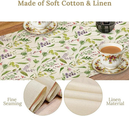 Wildflower Table Runner, Watercolor Green Botanical Flowers Vintage Bohemian Design Table Runner for Kitchen Dining Home Party Home Decor , 13x60 Inch