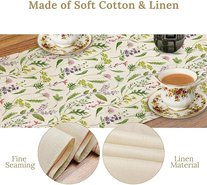 Wildflower Table Runner, Watercolor Green Botanical Flowers Vintage Bohemian Design Table Runner for Kitchen Dining Home Party Home Decor , 13x120 Inch
