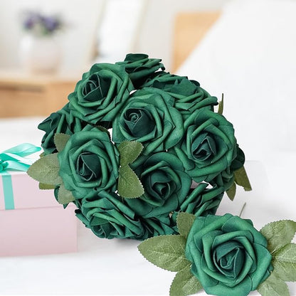 25pcs Dark Green Artificial Flower Foam Rose Real Touch Roses Flower Heads with Stem for DIY Wedding Bouquets Centerpieces Arrangements Party Baby Shower Home Decor (Dark Green)