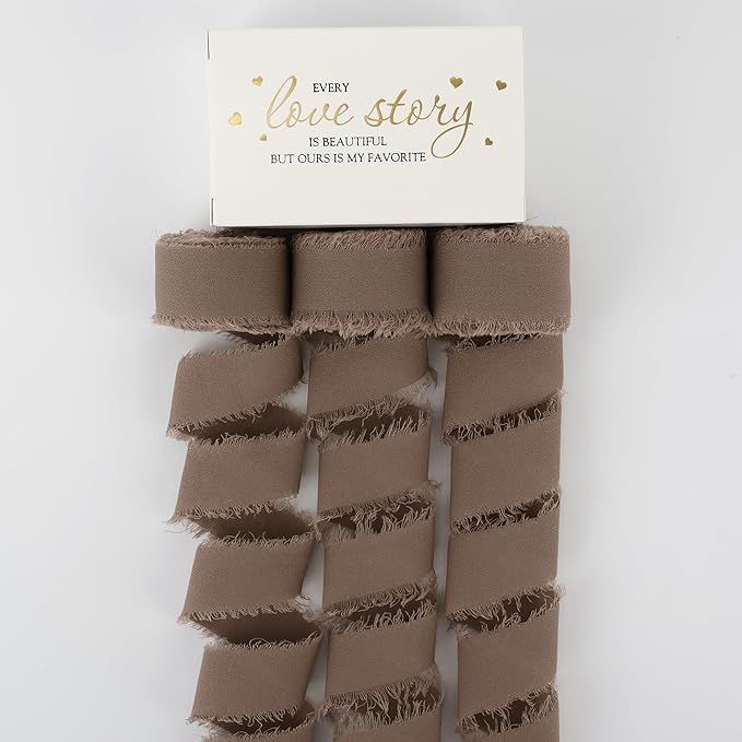 MEEDEE Taupe Chiffon Ribbon 1 Inch Brown Frayed Ribbons Brown Chiffon Silk Fringe Ribbon Thin Chiffon Ribbons for Crafts, Gift Wrapping, Wedding Invitation (3 Rolls 21 Yards)