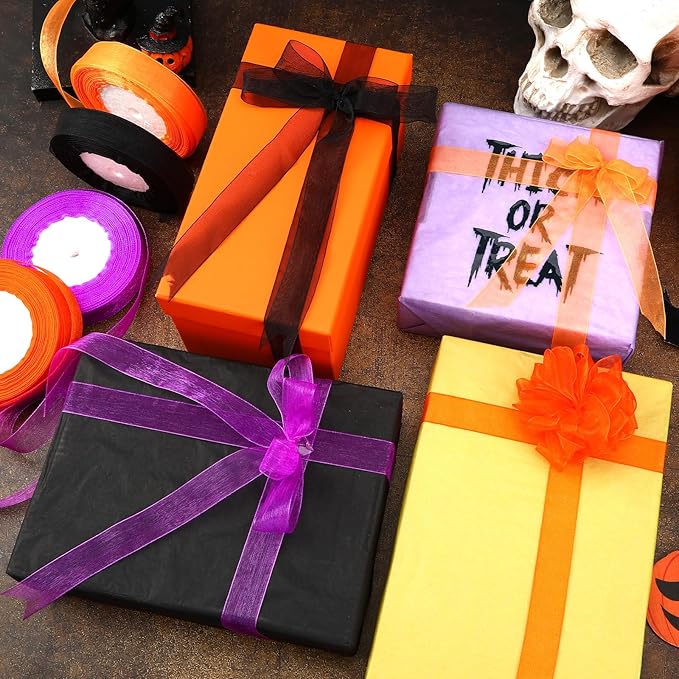 DECYOOL 4 Rolls 200 Yards Halloween Ribbons for Gift Wrapping, 4/5" Wide Halloween Organza Ribbons Orange Purple Black Ribbon for Party Home Decoration DIY Crafts