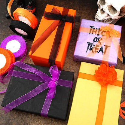 DECYOOL 4 Rolls 200 Yards Halloween Ribbons for Gift Wrapping, 4/5" Wide Halloween Organza Ribbons Orange Purple Black Ribbon for Party Home Decoration DIY Crafts
