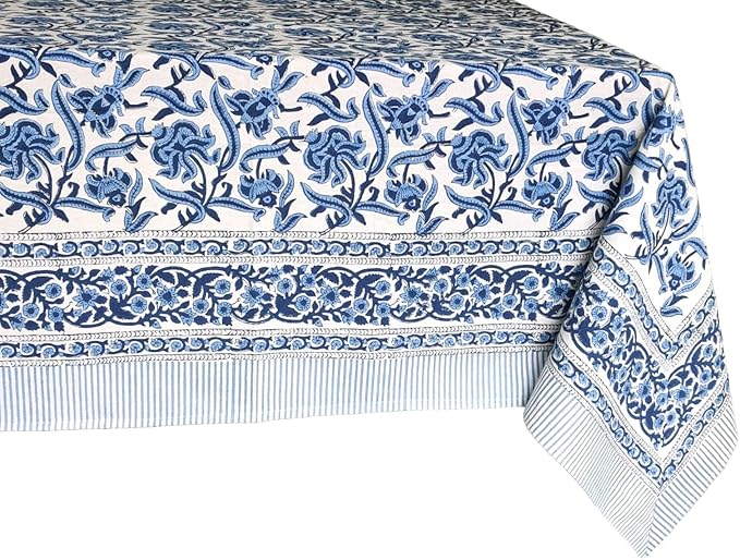 ATOSII Midnight Bloom 100% Cotton Spring Summer Tablecloth, Hand Block Print Rectangle Table Cover for Kitchen Dining Linen I Parties, Outdoors, Wedding, Easter I 72 X 120 Inches I 10 Seater