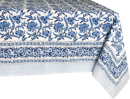 ATOSII Midnight Bloom 100% Cotton Fall Tablecloth, Handblock Print Blue Rectangle Table Cloth for Kitchen Dining Table Linen I Parties Wedding Outdoor Decor 60 X 90 Inches