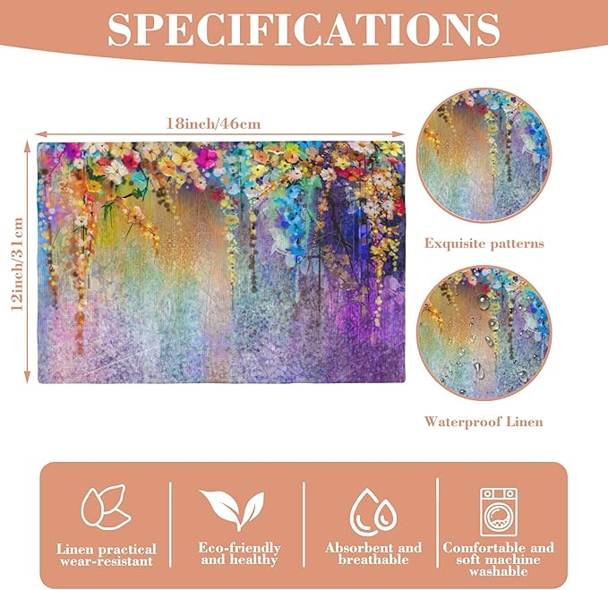 Placemats Set of 4 Abstract Watercolor Floral Dining Place Mats Linen Table Mat for Farmhouse Home Kitchen Decor 12 X 18 Inch