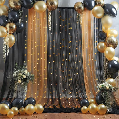 30x8ft Black Tulle Backdrop Curtain with Lights String for Parites, Sheer Backdrop Curtains for Wedding Baby Shower Birthday Party Photo Shoot Decorations