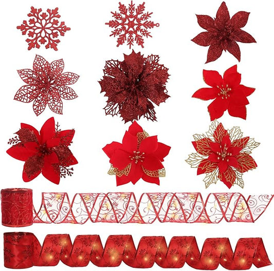 RECUTMS 9 Styles Christmas Red Glitter Artificial Poinsettia Flower Tree Ornaments with Ribbon Snowflake for Tree Wreaths Garland Floral Gift Winter Wedding Holiday Decoration(Red)
