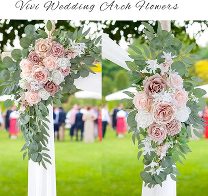 ponatia Wedding Arch Flowers with 26Ft Arch Fabric, Artificial Dusty Rose Wedding Flower for Welcome Signs Decorations for Wedding Ceremony Reception (Dusty Rose & Blush)
