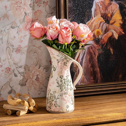 Vintage Ceramic Pitcher Vase with Handle, Farmhouse Green and Pink Large Floral Vases, Chinoiserie Decorative Vase, Rustic Table Centerpiece for Home Decor Living Room, Bookshelf, Office 10.5 Inch