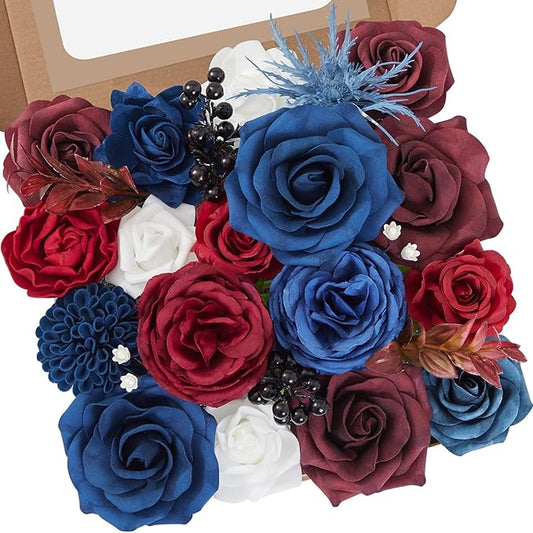 Serwalin Artificial Burgundy Flowers, Blue Fake Silk Flowers for DIY Wedding Bridal Bouquets, Cake Flowers for Table Centerpieces Baby Shower Birthday Party Home Decorations