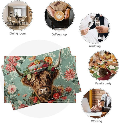Highland Cow Placemats Set of 4 Farmhouse Flower Cattle Fruits Placemats Funny Animal Table Mats Wildlife Farmhouse Cow Place Mats for Party Kitchen Dining Decoration 4 PCS