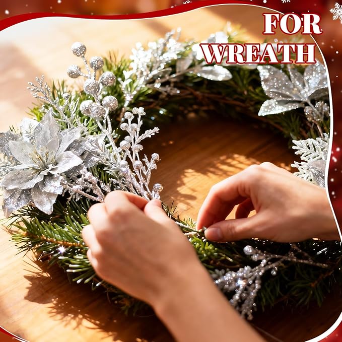 Yerliker 108 Pcs Sliver Glitter Christmas Picks and Sprays, 12 Styles Artificial Christmas Floral Berry Branches Flowers Stems for Xmas Tree Ornaments Wreath Garland DIY Vase Holiday Party Decor