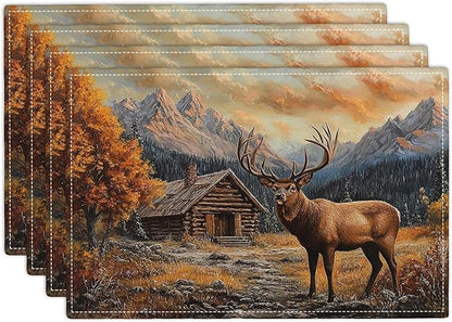 Farmhouse Deer Placemats Set of 4, Country Natural Place Mats, Rustic Forest Lodge Elk Wildlife Dining Table Mats, Washable Placemats for Kitchen Dining Room 18L'' × 12W''